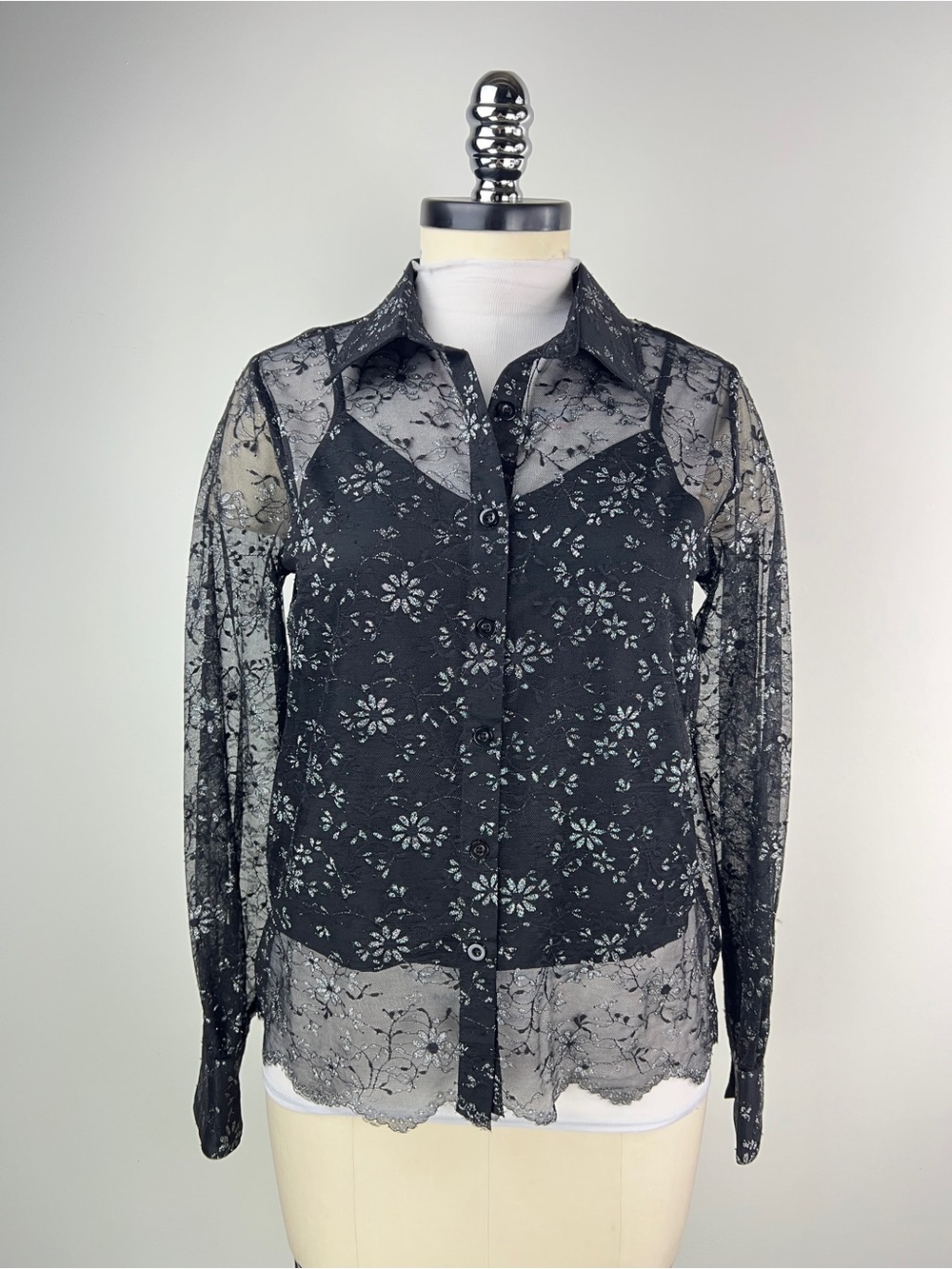 💚 3732. Sheer Black Lace Button-Front Women's Blouse